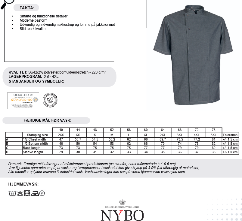NYBO Kokkejakke - Flow, Unisex, Korte ermer, Hvit - XS-4XL