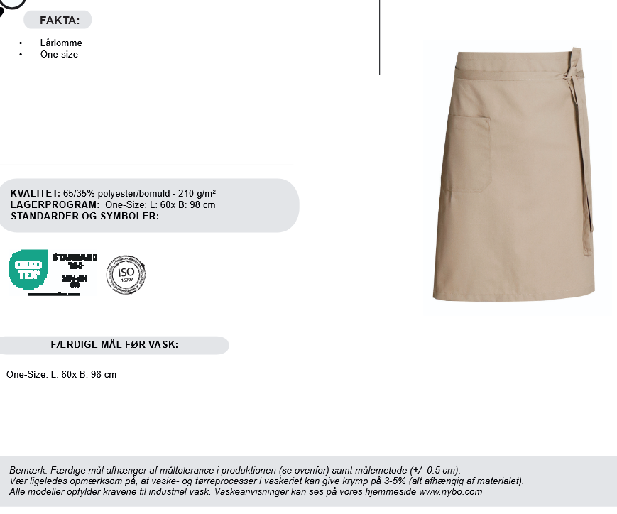NYBO Forklede m/ lomme (5 farver) L:60 x B:98 cm