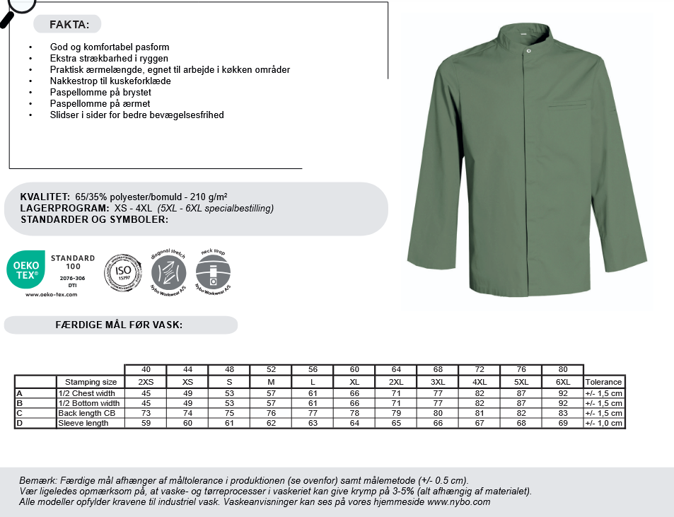 NYBO Kokkejakke - New Nordic, Lange ermer - XS - 4XL (6 Farver)