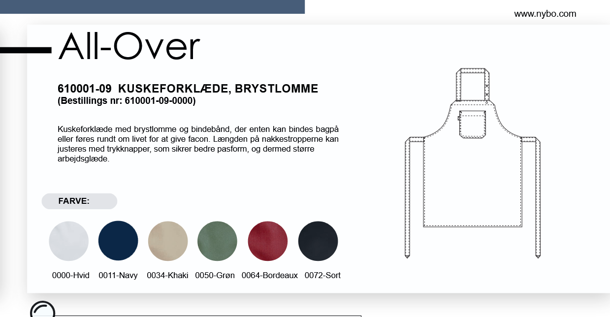 NYBO Smekkforklede m/ brystlomme med broderi inkl.