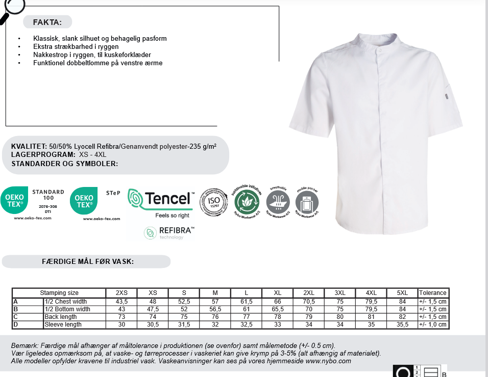 NYBO Kokkejakke - Essence, Unisex, Korte ermer, 2 farver - XS-4XL