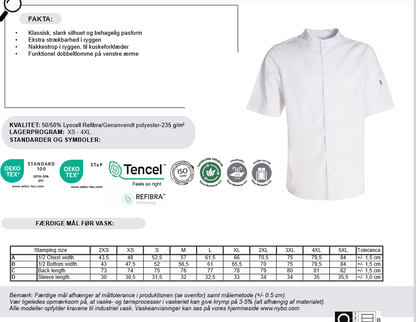 NYBO Kokkejakke - Essence, Unisex, Korte ermer, 2 farver - XS-4XL