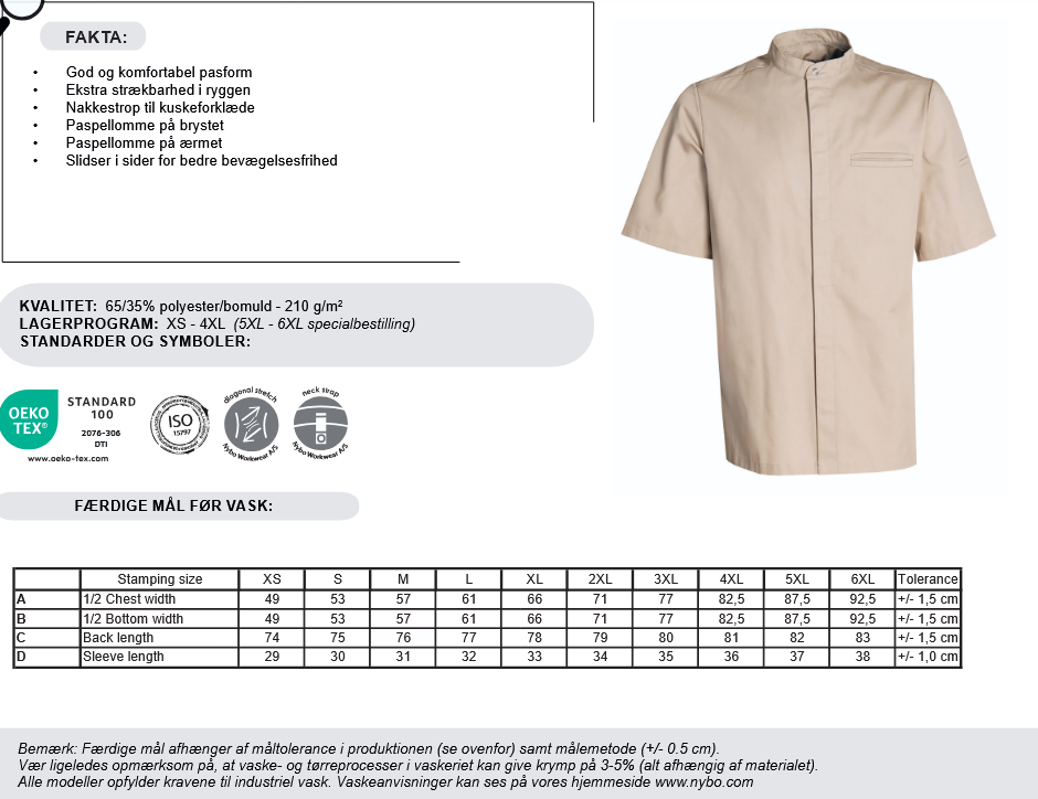 NYBO Kokkejakke - New Nordic, Korte ermer - XS - 4XL (6 farver)