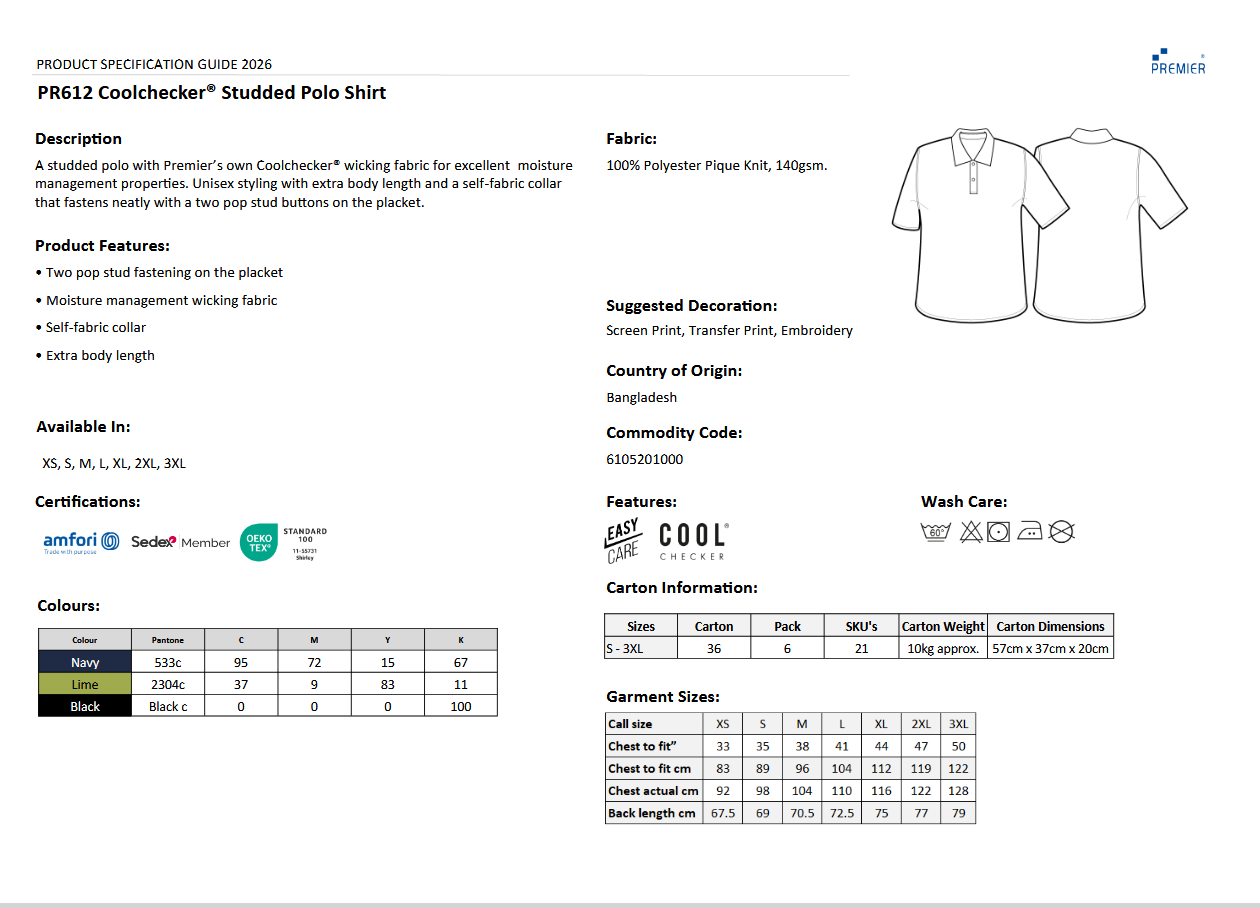 Premier Coolchecker polo skjorte | Arbeid kjøkken