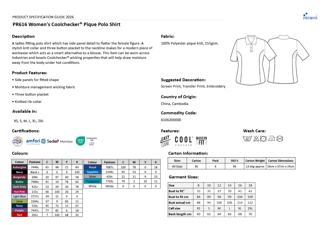 Premier Coolchecker® pique polo dame | kokkejakker.no