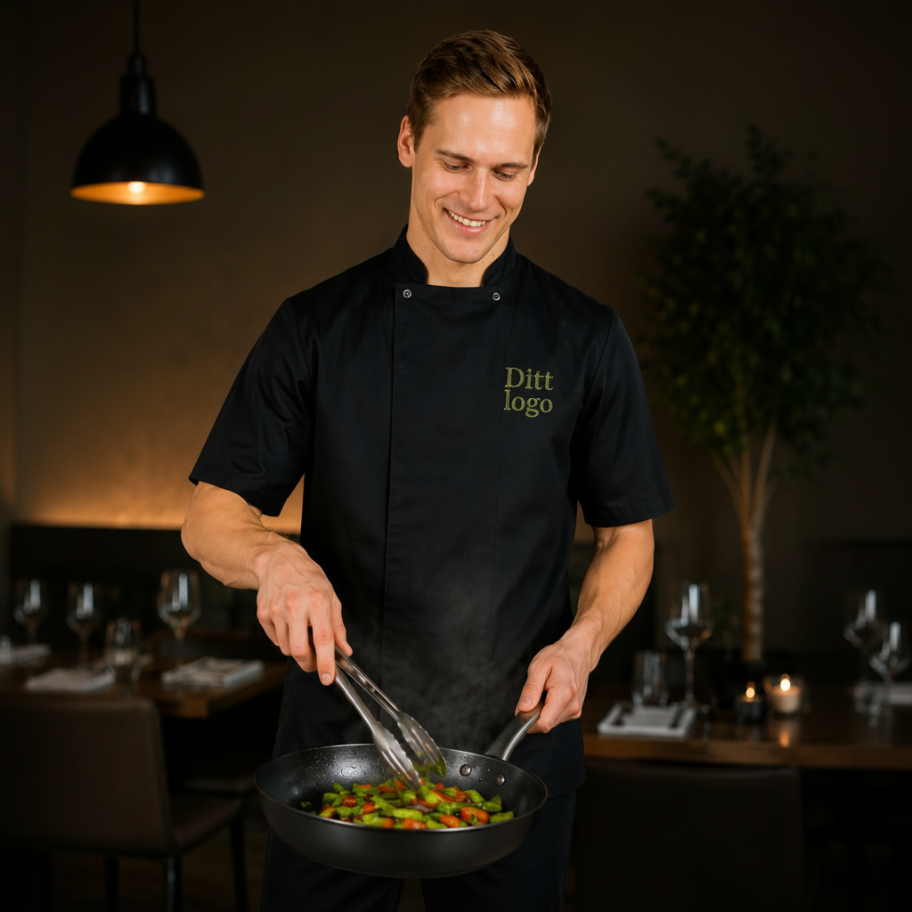 Chef i svart kokkejakke med Ditt logo – kvadratformat