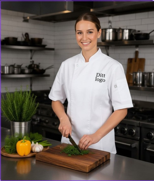25 stk. NYBO  Kokkejakke - Take Away, Unisex, Korte ermer inkl logo | kokkejakker.no