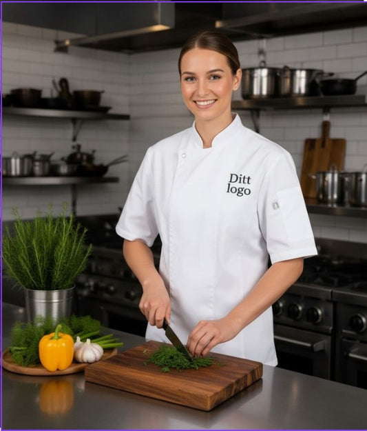 25 stk. NYBO  Kokkejakke - Take Away, Unisex, Korte ermer inkl logo | kokkejakker.no
